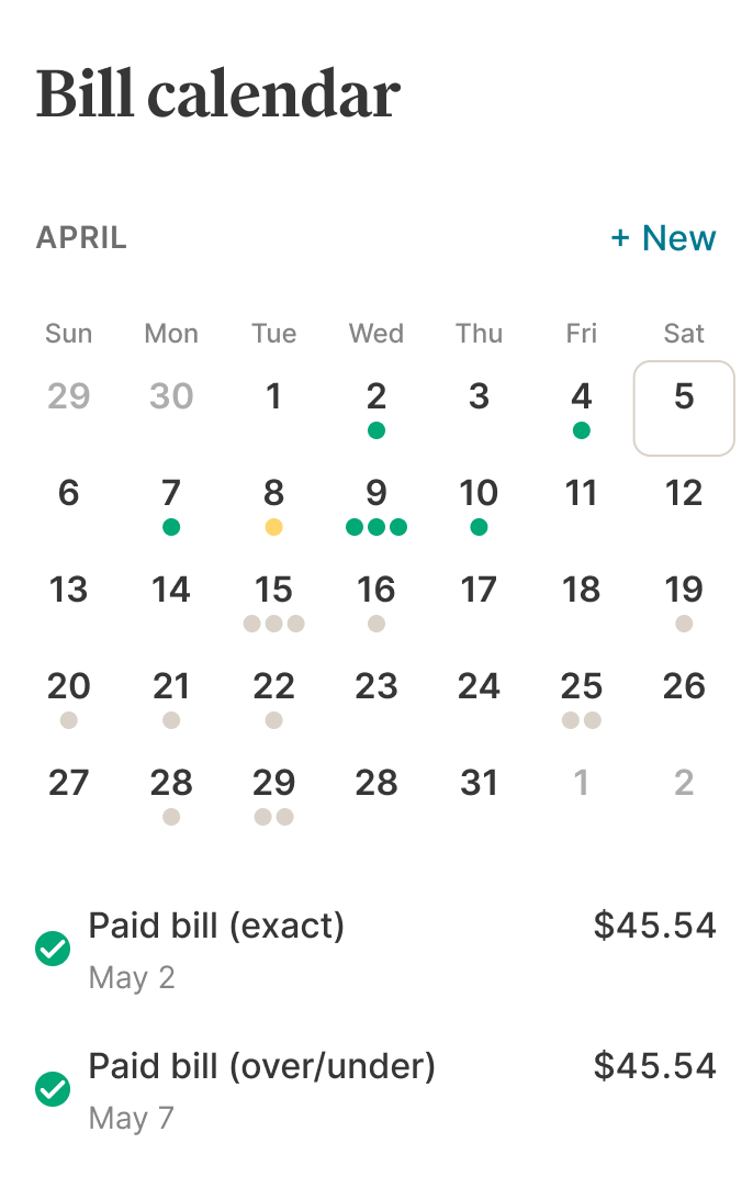 A bill calendar in the Crew app